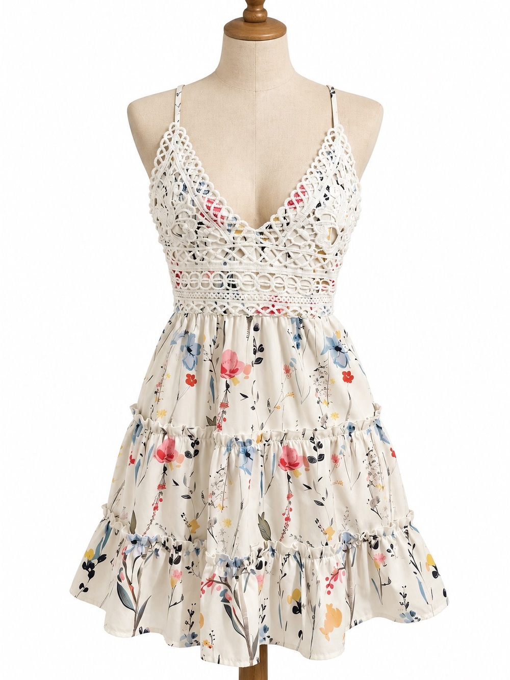 SHEIN White Crochet Bodice Floral Mini Dress